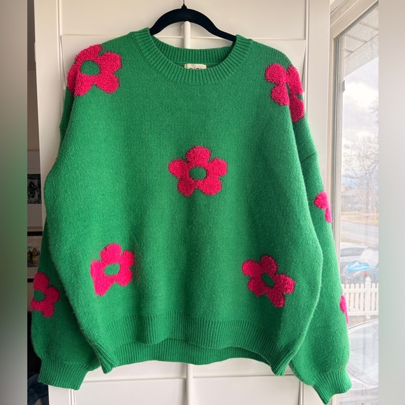 BiBi Sweaters - BiBi Green Sweater with Pink Floral Design